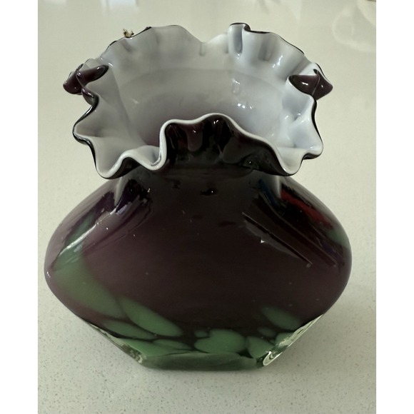 Vintage Handblown Splatter Vase Ruffled Purple Green White‎ Accents - Picture 3 of 7